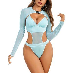 Women Sky Blue Festival Lingerie Bodysuit Buckle Shrug Crop Top Set Outfits